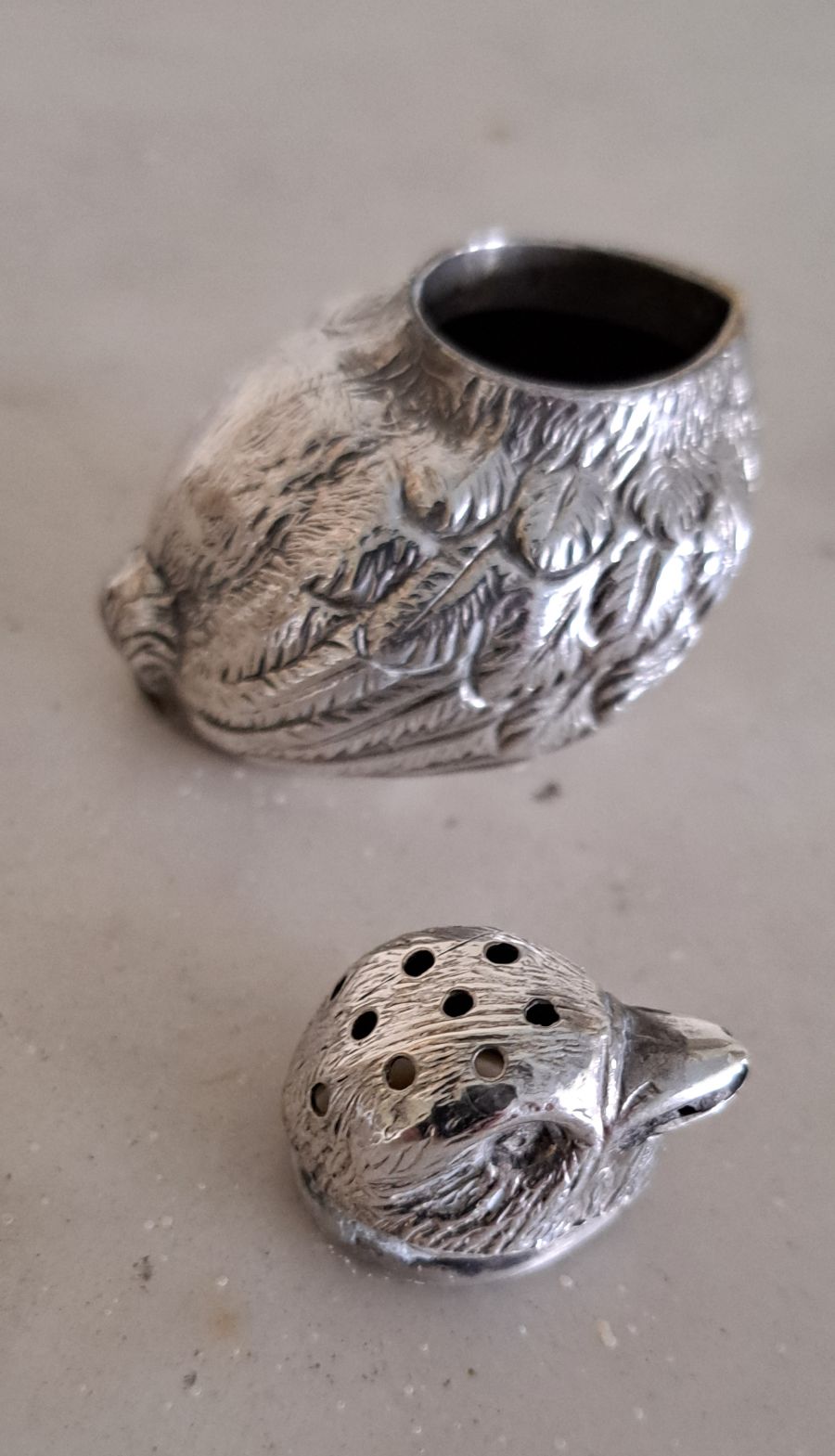 pair of Sampson Mordan silver salt and pepper modelled as chicks RD461360