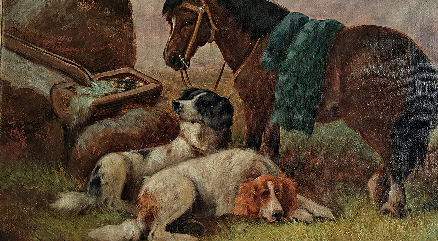 Robert cleminson 19th century oil painting pony & gun dogs at rest