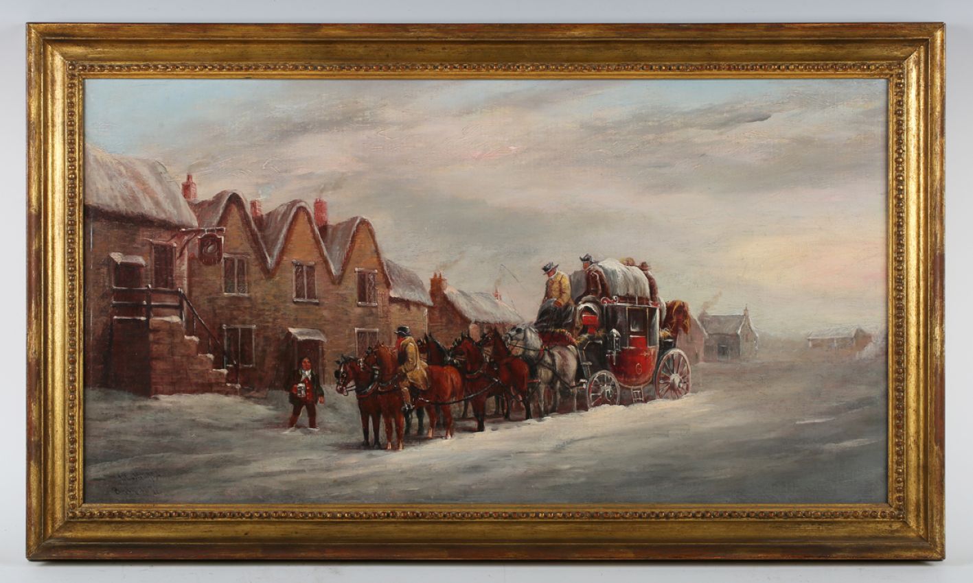 19th century oil painting ,Mail coach in snow, John Charles maggs