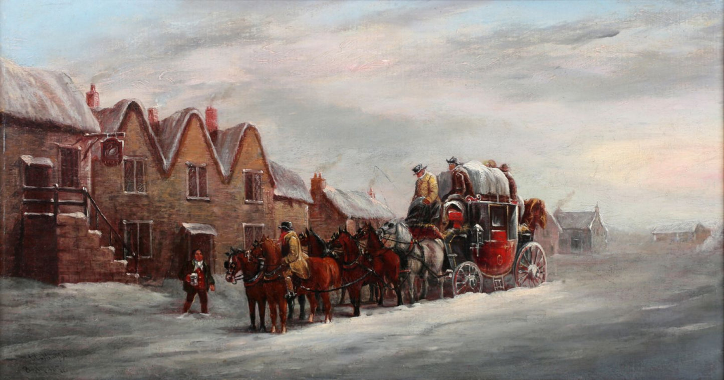 19th century oil painting ,Mail coach in snow, John Charles maggs