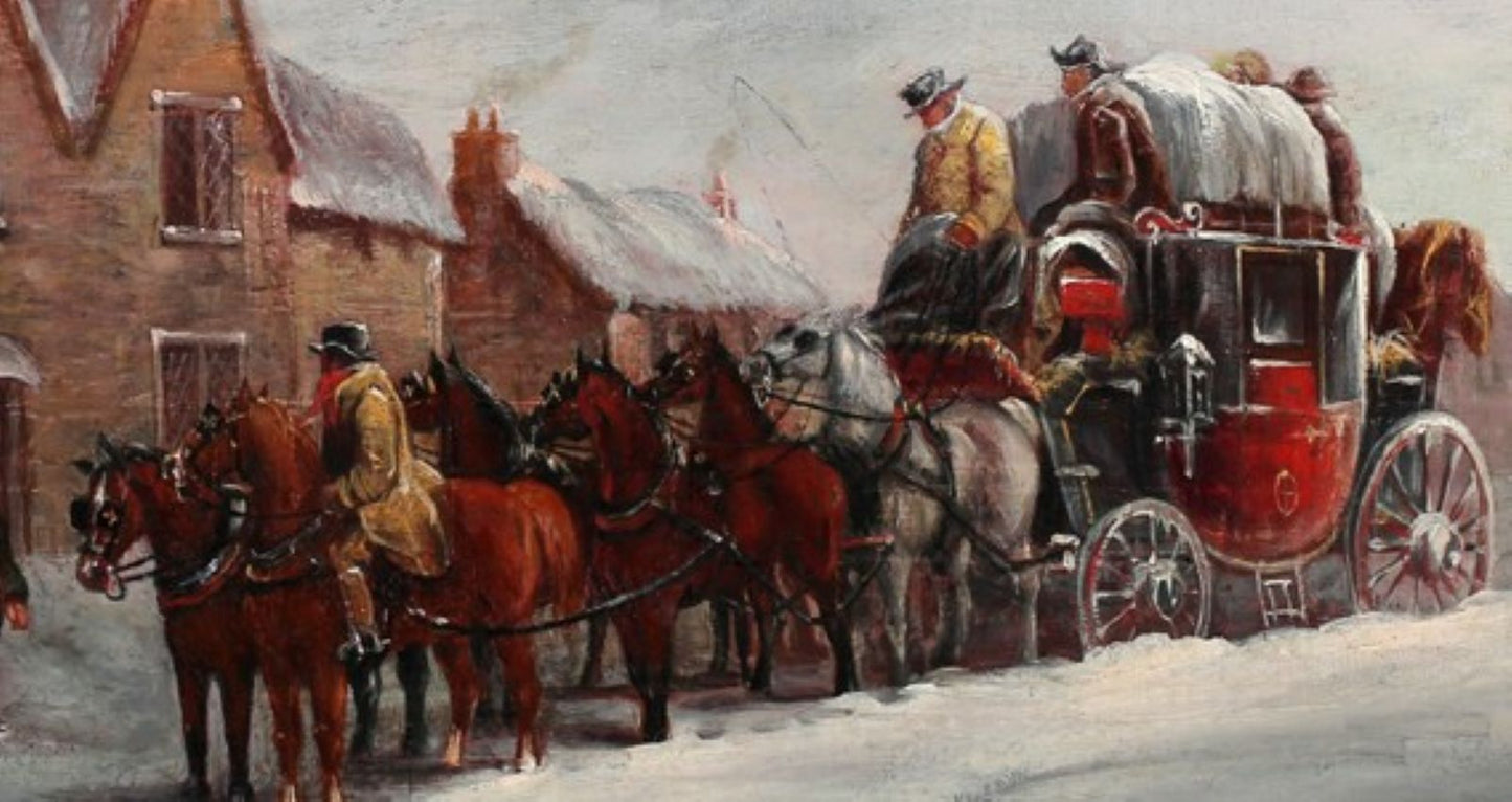 19th century oil painting ,Mail coach in snow, John Charles maggs