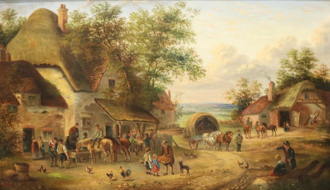 19th century village genre scene horses,inn georgina lara