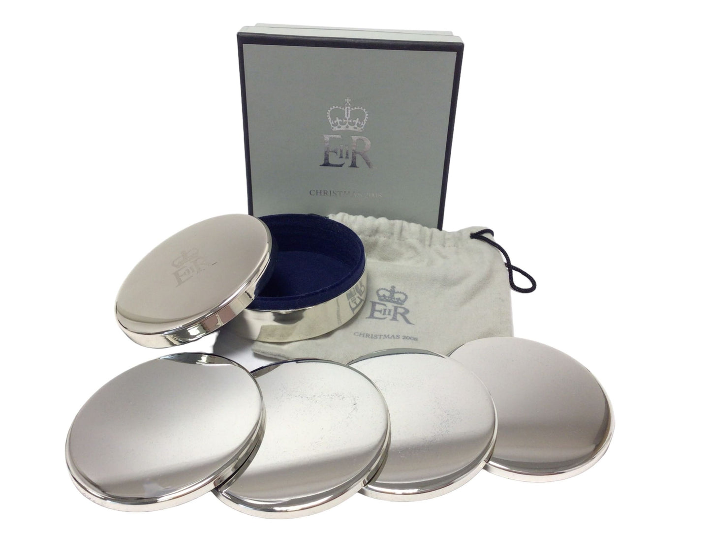 set 4 silver plated coasters Queen Elizabeth II Royal Household 2008 Christmas present,