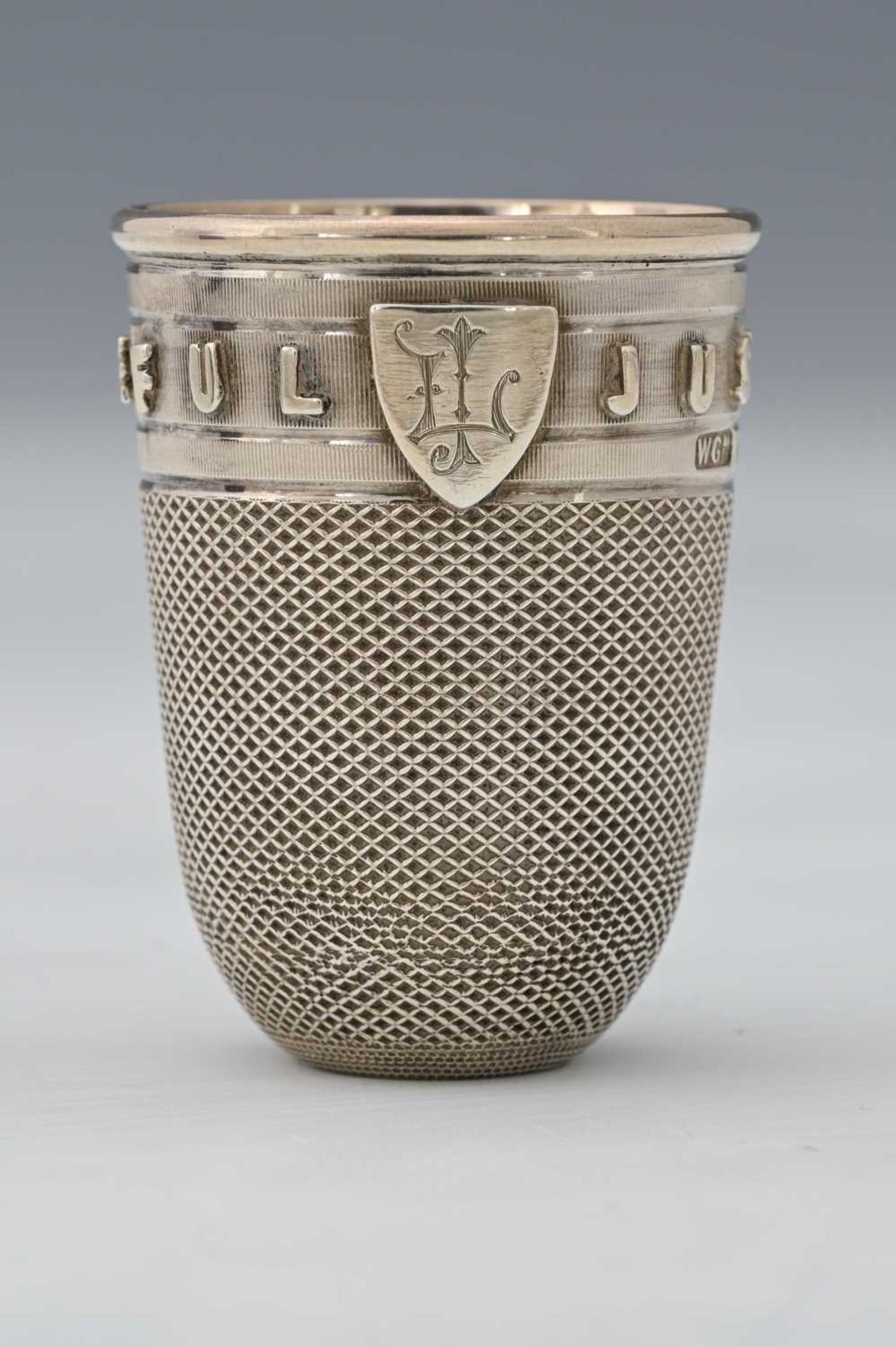 Victorian novelty silver tumbler in the form of a thimble "just a thimbleful"