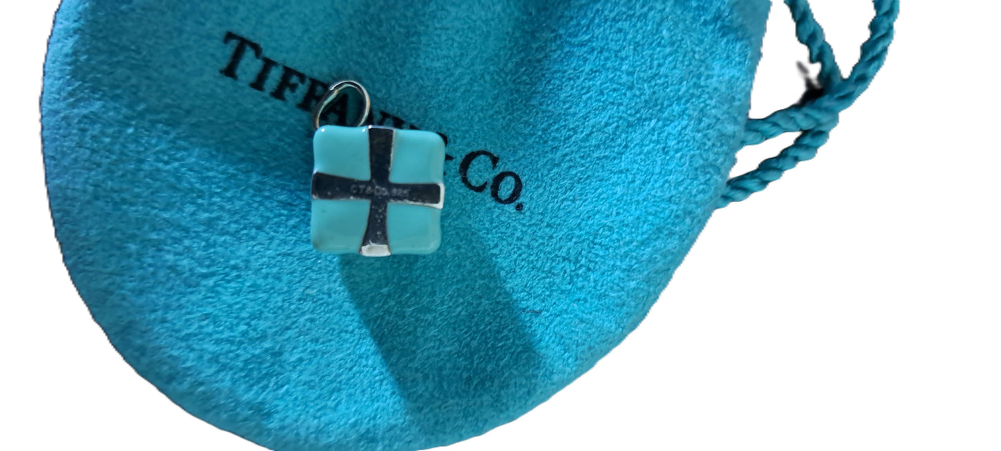 Tiffany & Co silver and turquoise blue enamel wrapped gift charm