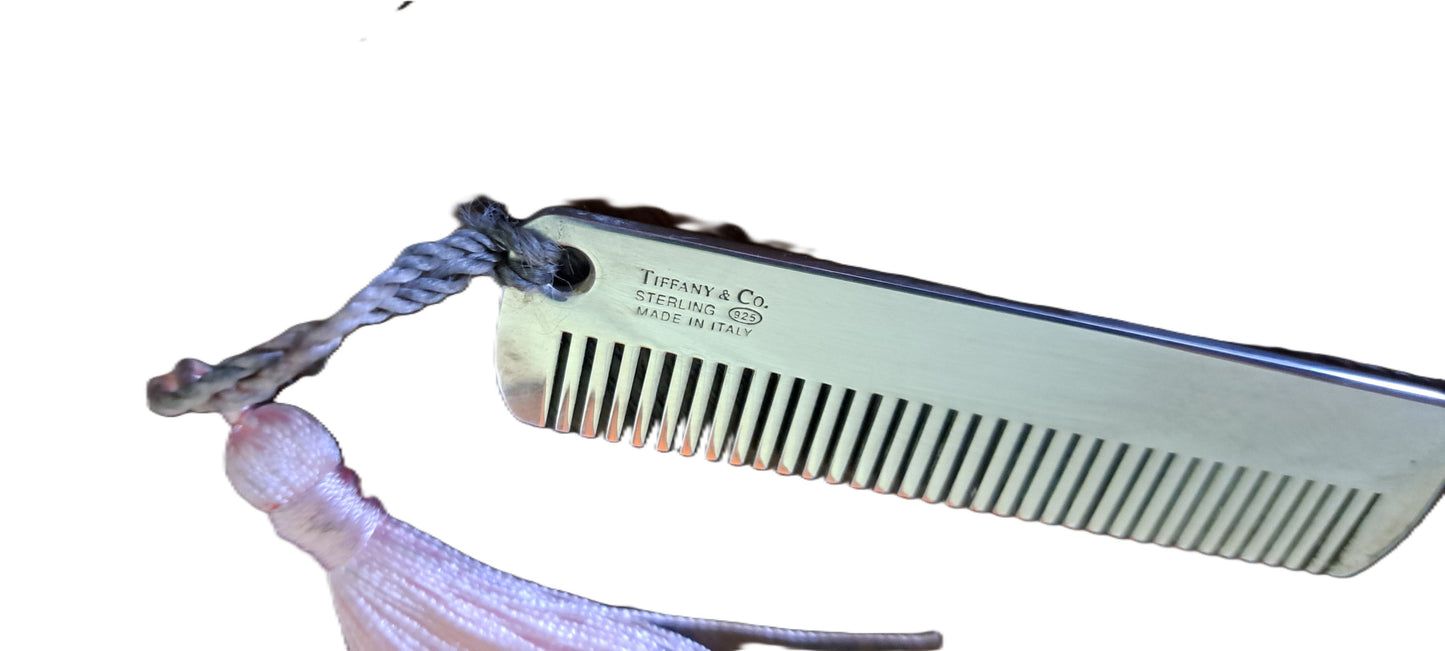 Tiffany silver baby comb with pink silk tassel