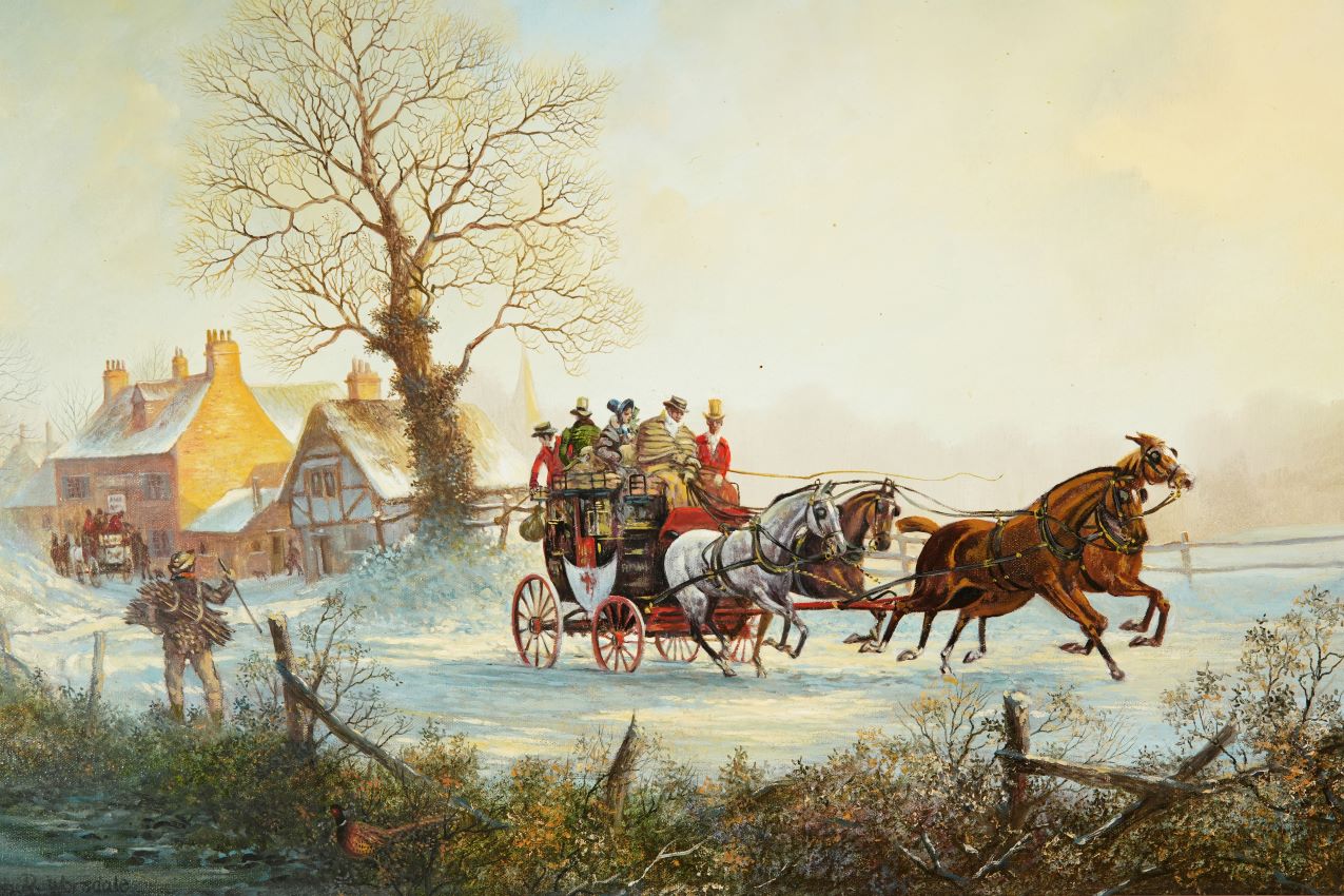 Horses and stagecoach , winter/snow scene, oil painting ,by John Richard Worsdale