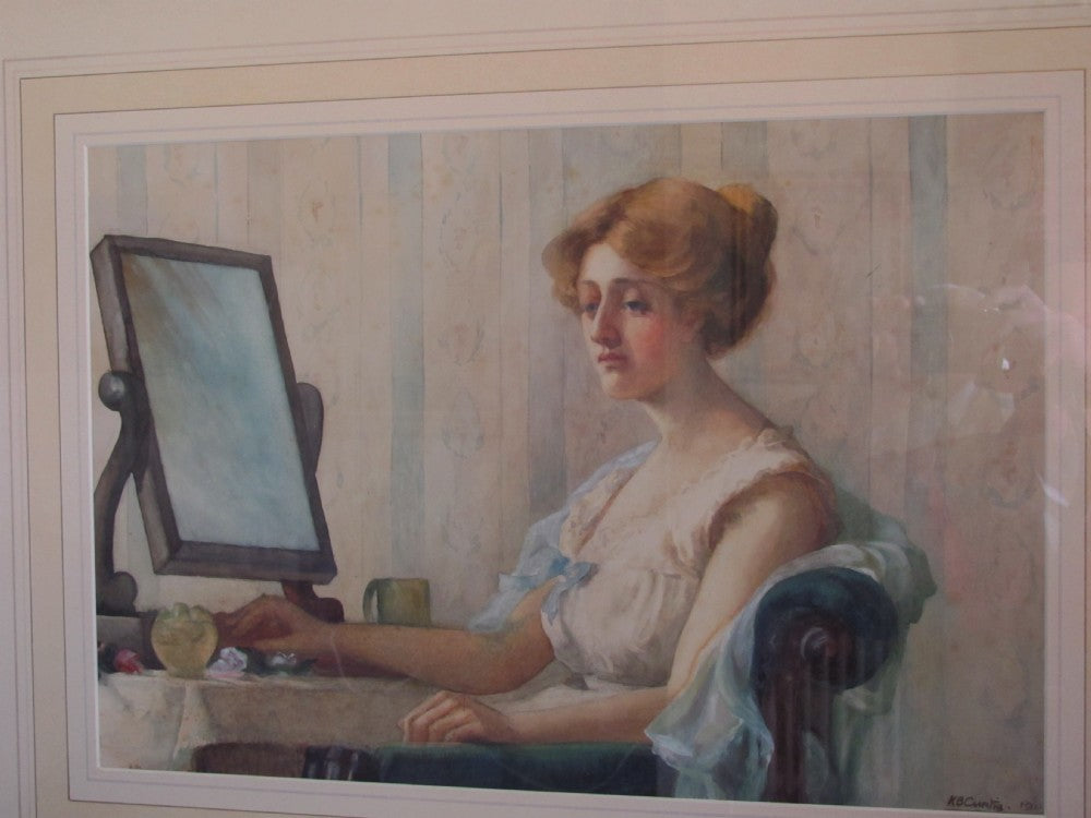 Edwardian portrait lady at her dressing table watercolour, Miss K* B* Curtis (ex.1917 -1919)