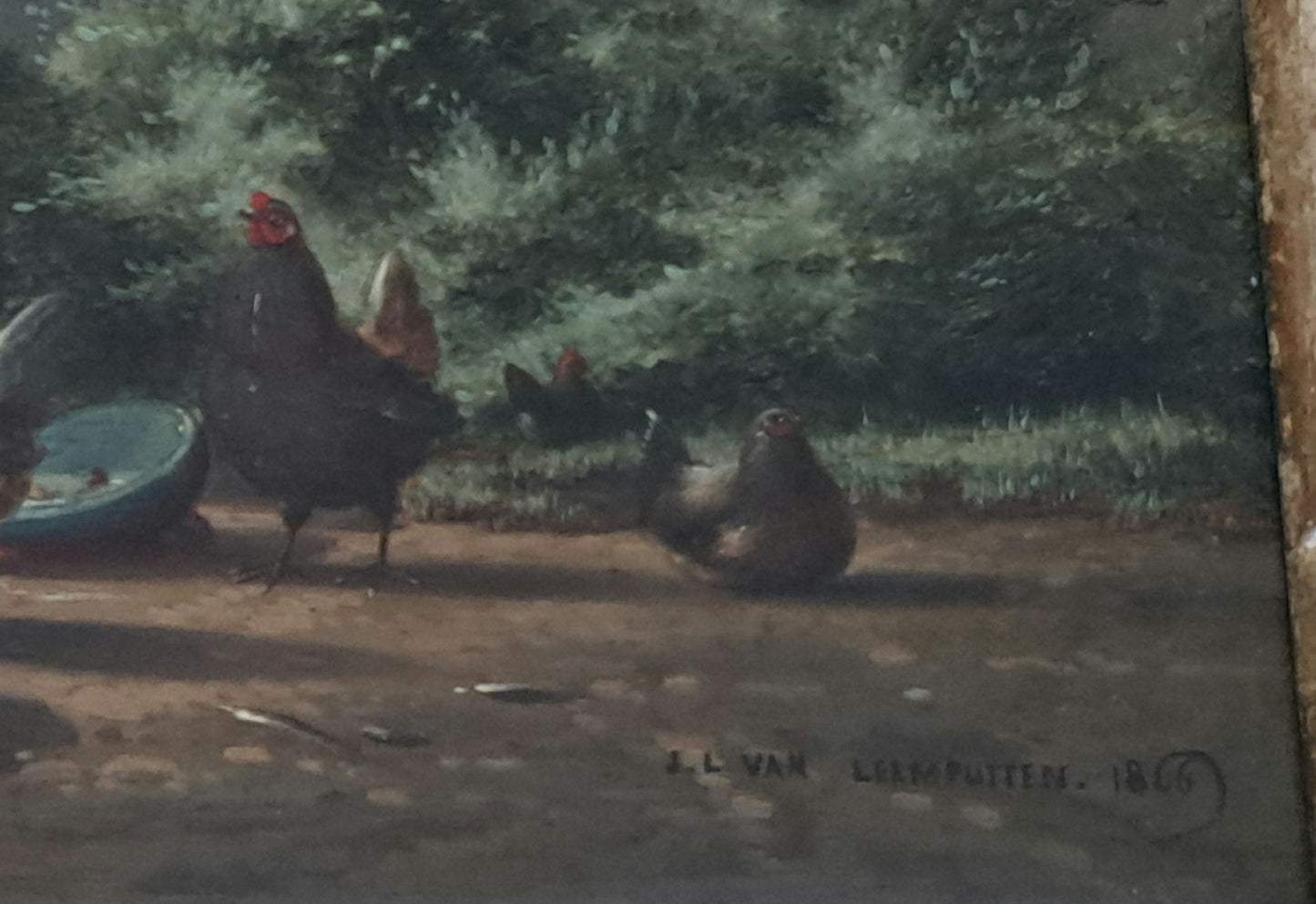 19th century landscape oil painting COCKEREL AND HENS by J L VAN Leemputten