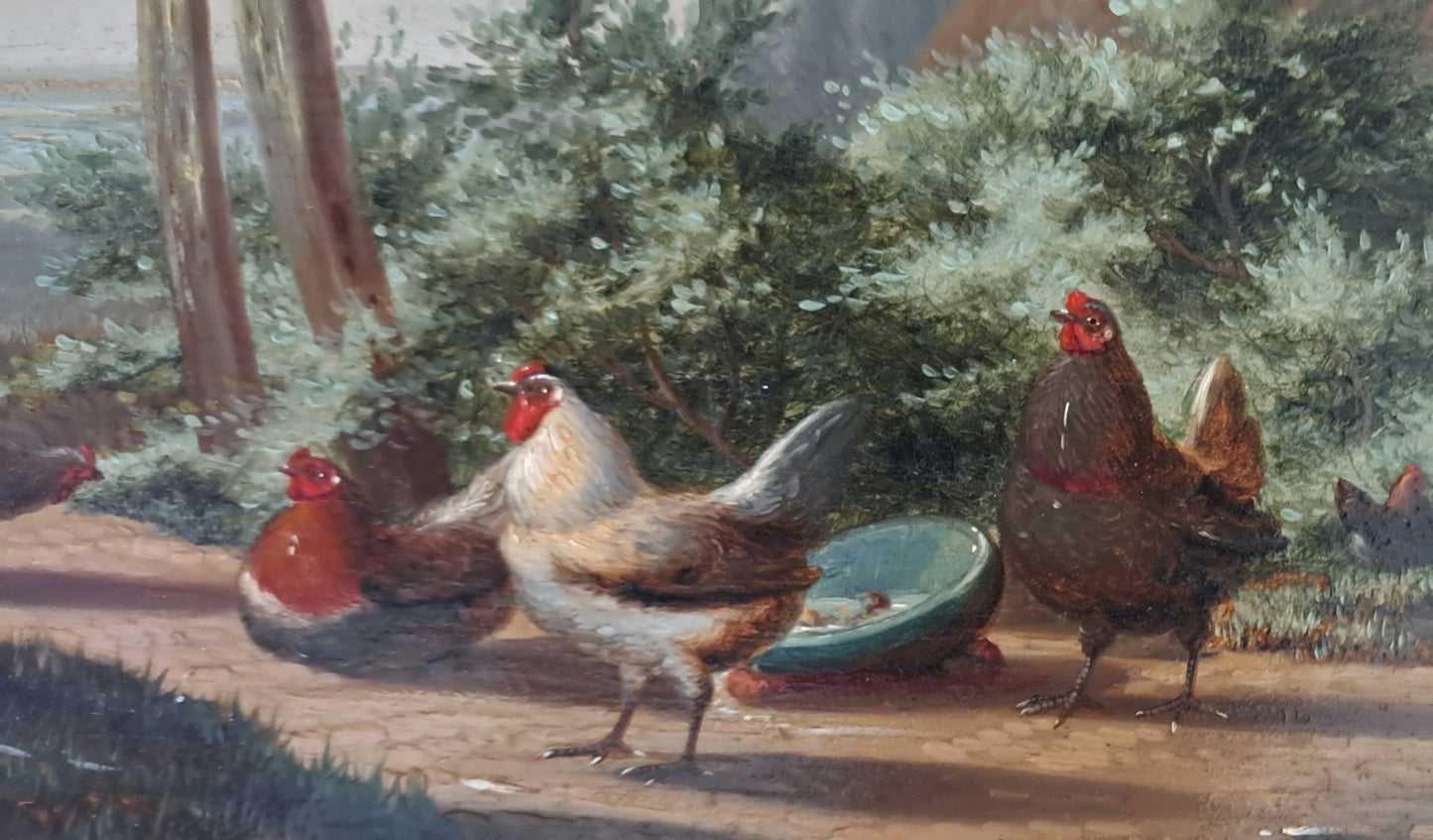 19th century landscape oil painting COCKEREL AND HENS by J L VAN Leemputten