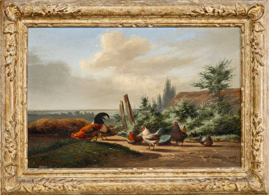 19th century landscape oil painting COCKEREL AND HENS by J L VAN Leemputten