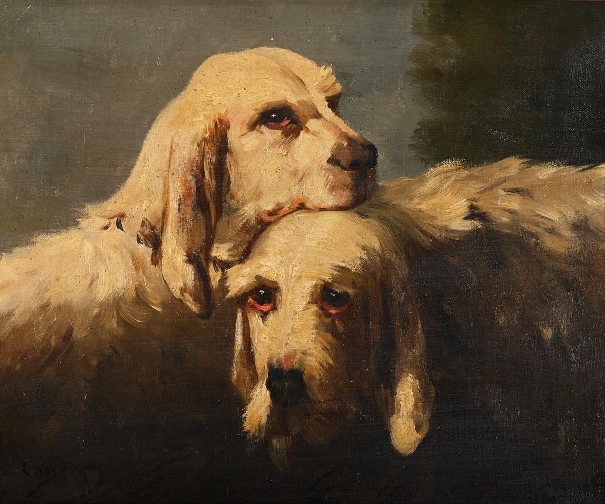 portrait of 2 dogs Grand Griffon Vendéen Hunting Dogs by Jules Chardigny
