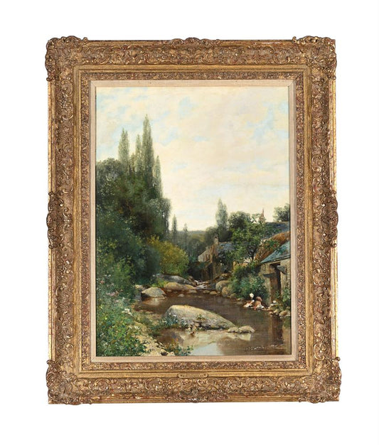 LES LAVEUSES,loire valley,french landscape scene, oil Henri Dutzschold