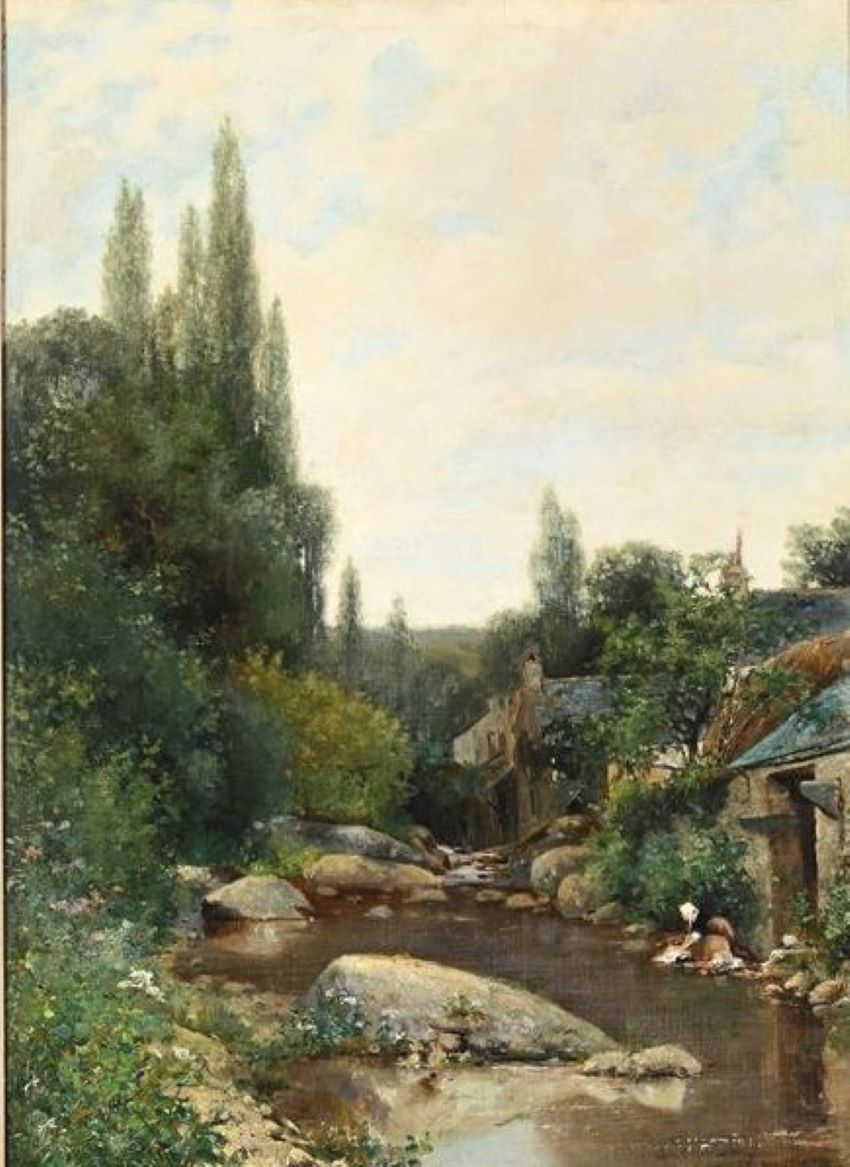 LES LAVEUSES,loire valley,french landscape scene, oil Henri Dutzschold
