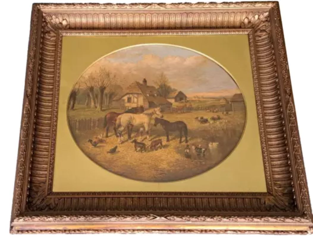19th century landscape farmyard scene horses etc, oil painting John Frederick Herring