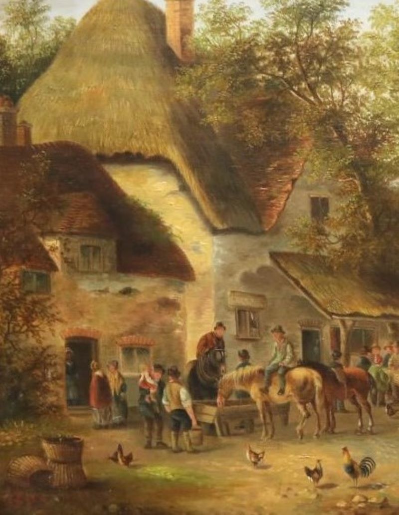 19th century village genre scene horses,inn georgina lara