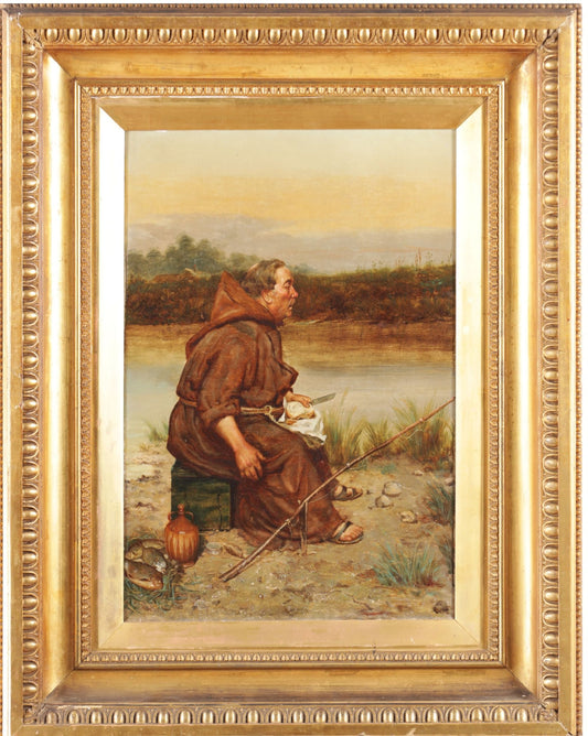 19th century oil painting monk fishing by Frank Hyde