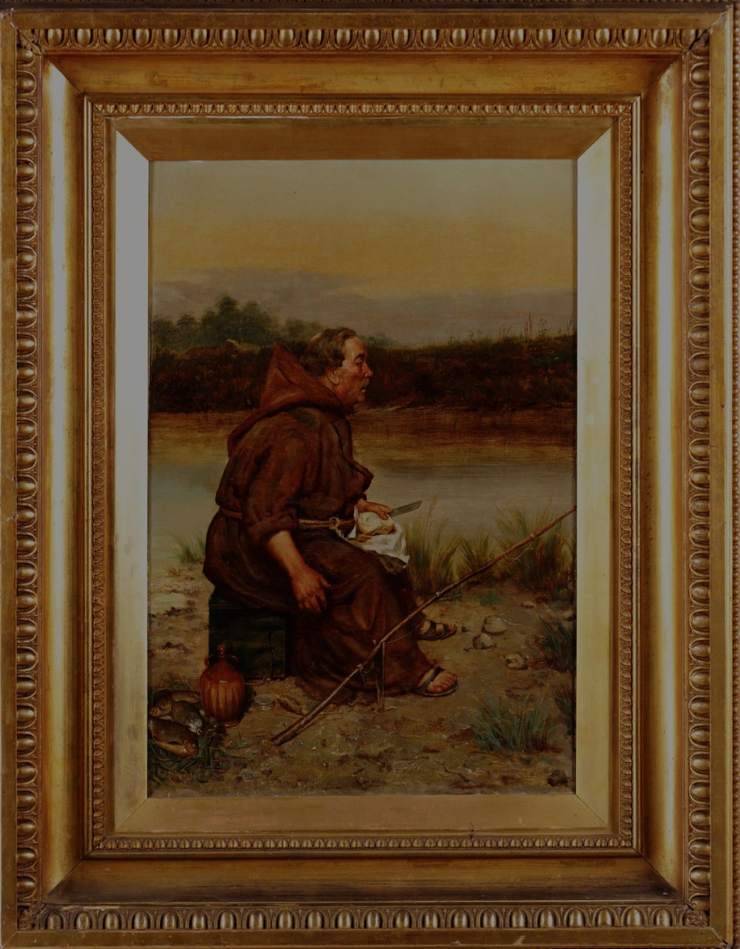 19th century oil painting monk fishing by Frank Hyde
