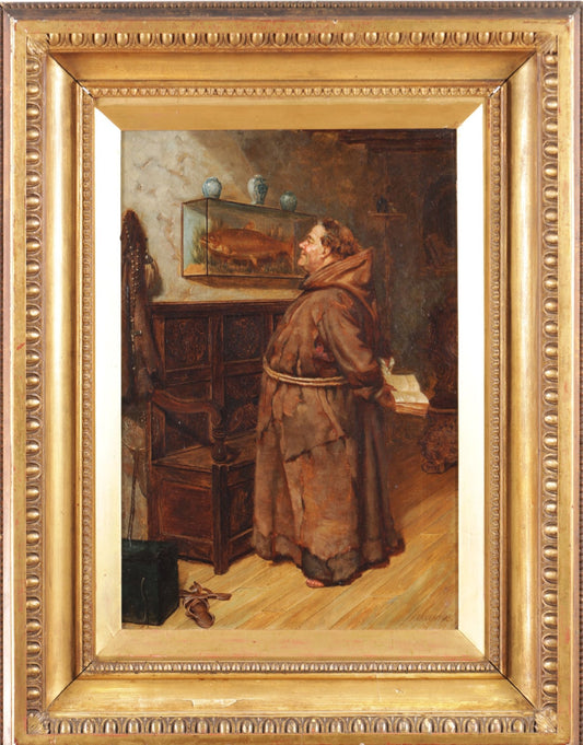 19th century oil painting of a monk admiring a fish by Frank Hyde