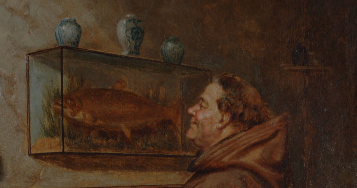 19th century oil painting of a monk admiring a fish by Frank Hyde