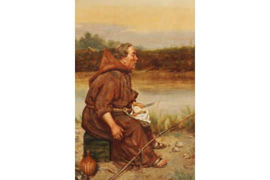 19th century oil painting monk fishing by Frank Hyde