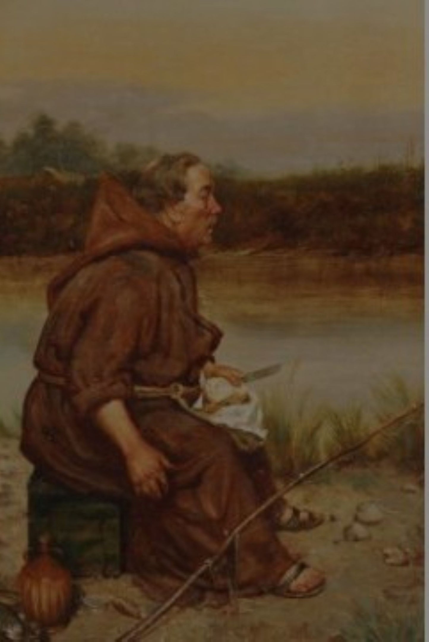 19th century oil painting monk fishing by Frank Hyde