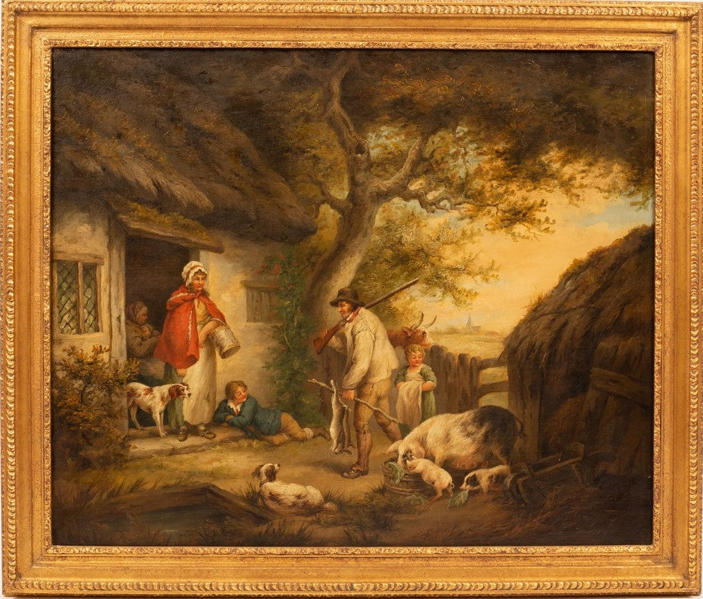 George Morland(follower)landscape, oil,country scene,dogs,pigs,cottage