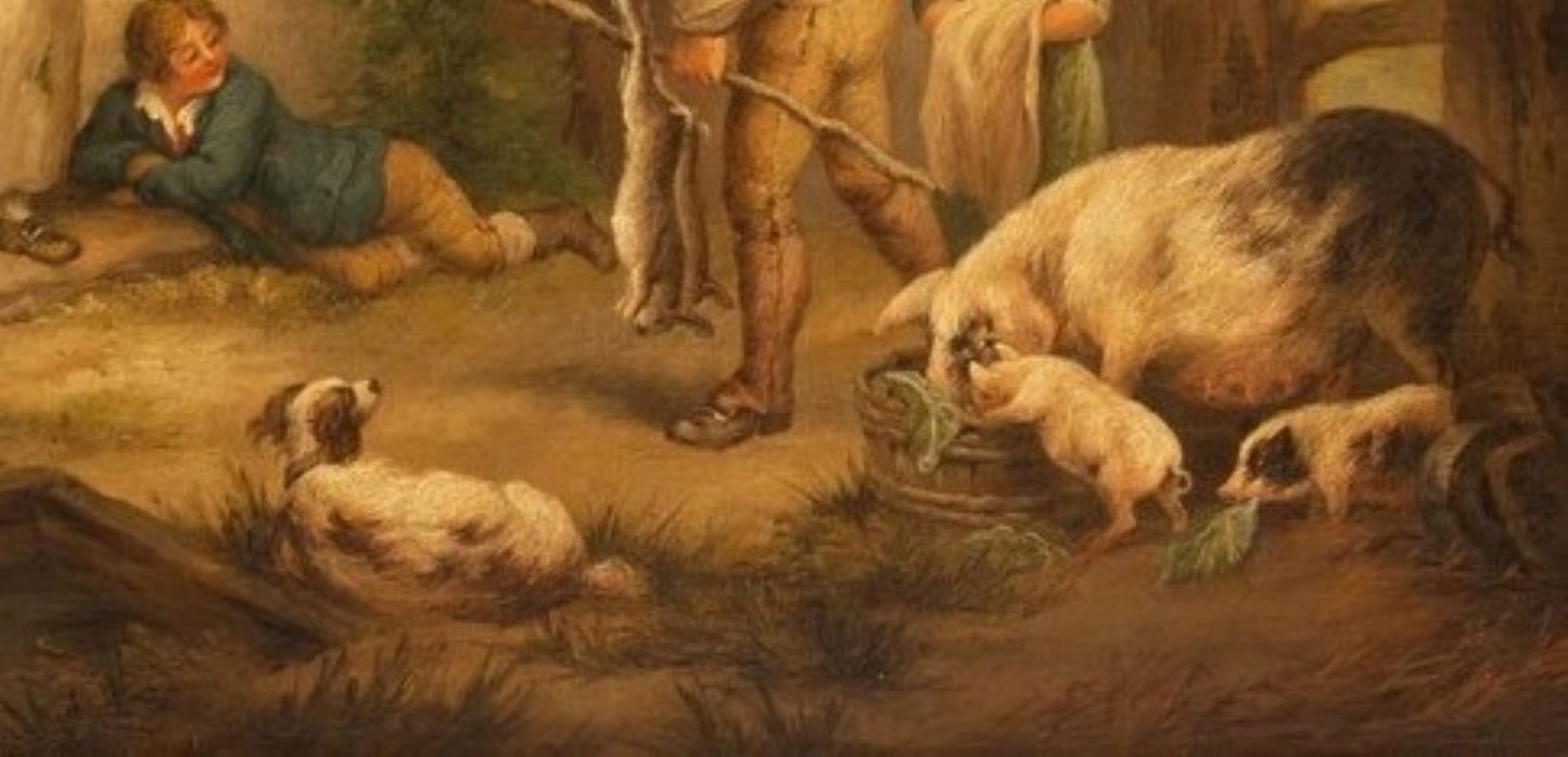 George Morland(follower)landscape, oil,country scene,dogs,pigs,cottage