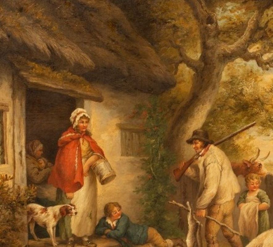 George Morland(follower)landscape, oil,country scene,dogs,pigs,cottage