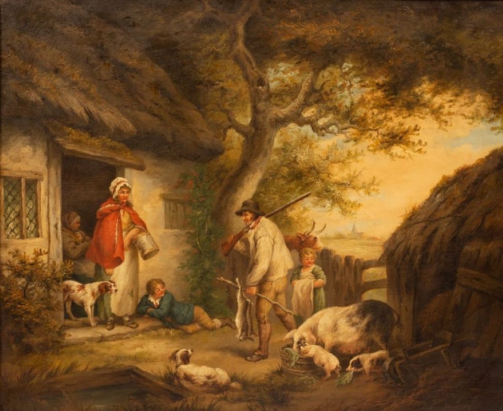 George Morland(follower)landscape, oil,country scene,dogs,pigs,cottage