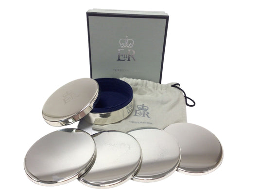 set 4 silver plated coasters Queen Elizabeth II Royal Household 2008 Christmas present,