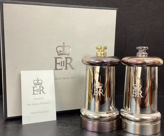 silver plated salt and pepper grinders H.M. Queen Elizabeth II Royal Household 2011 Christmas present