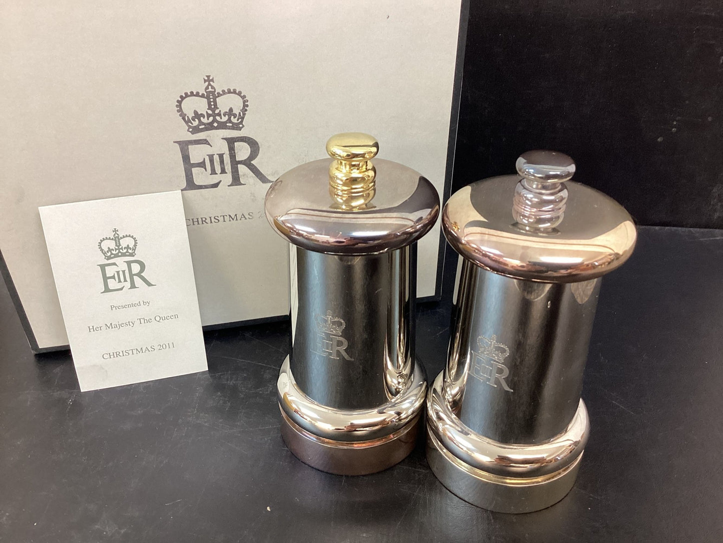 silver plated salt and pepper grinders H.M. Queen Elizabeth II Royal Household 2011 Christmas present