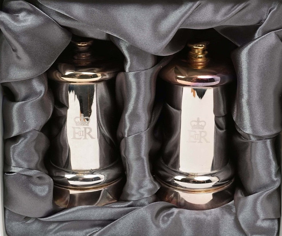silver plated salt and pepper grinders H.M. Queen Elizabeth II Royal Household 2011 Christmas present