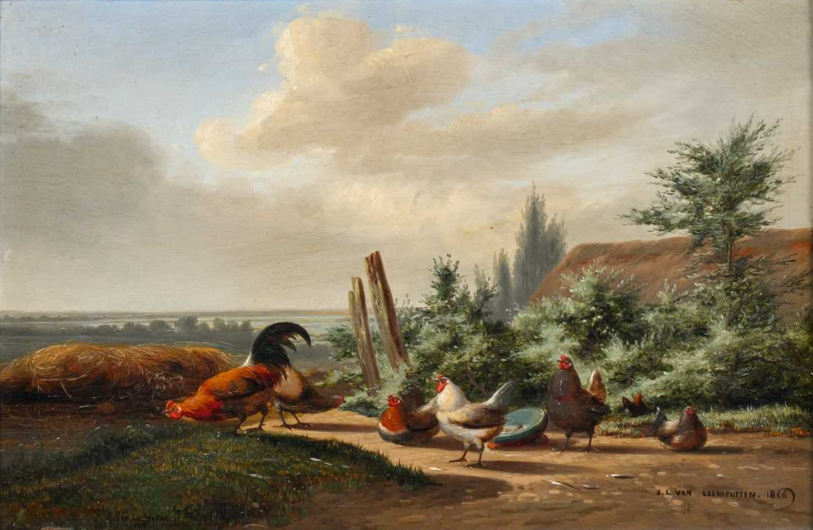 19th century landscape oil painting COCKEREL AND HENS by J L VAN Leemputten