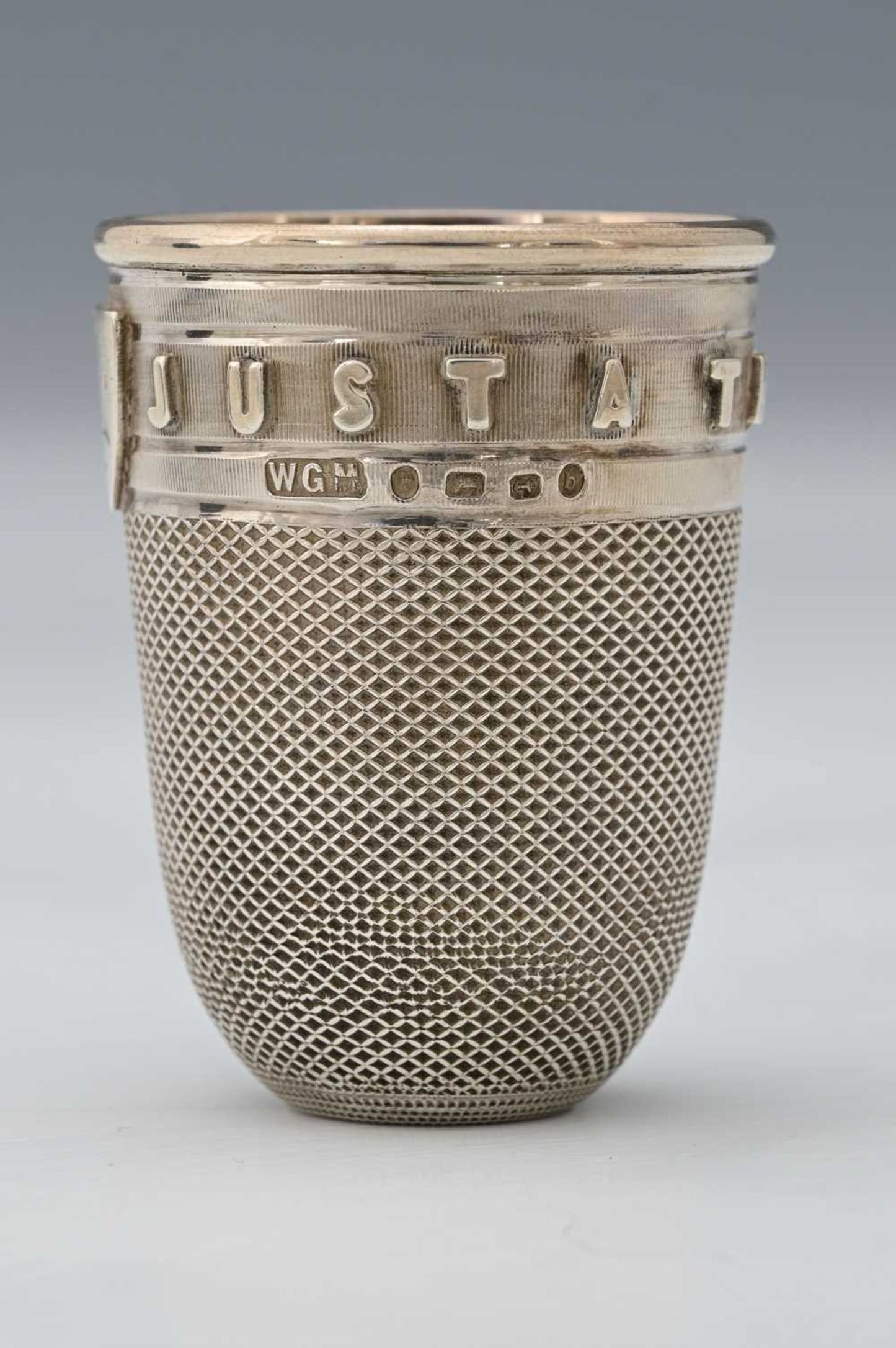 Victorian novelty silver tumbler in the form of a thimble  "just a thimbleful"