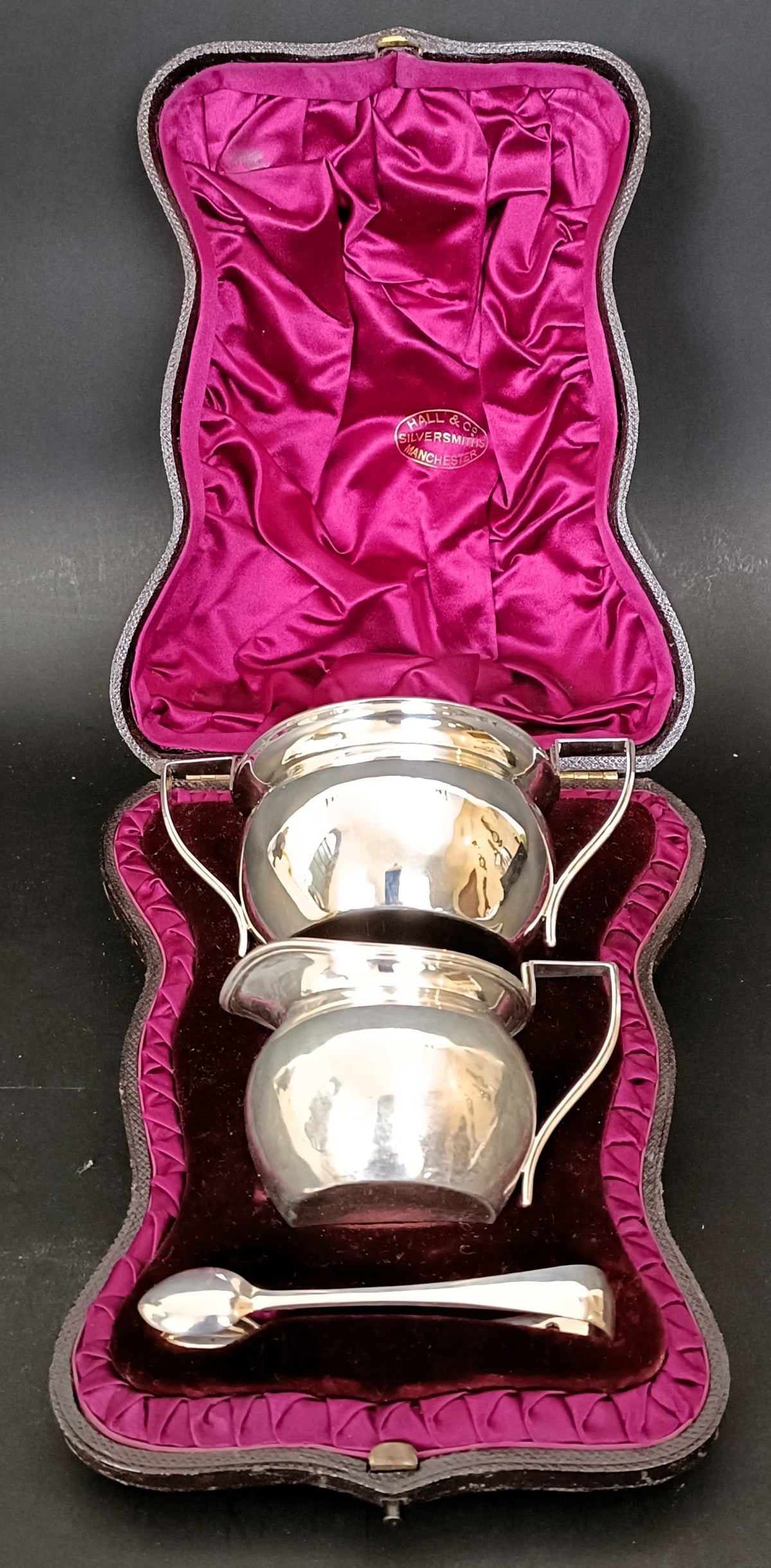 Victorian silver strawberry set, silver sugar bowl, sugar tongs, cream jug