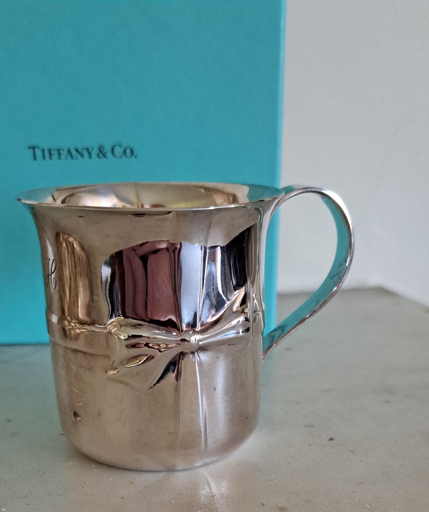 Tiffany & Co silver mug childs christening mug gift tied ribbon decoration