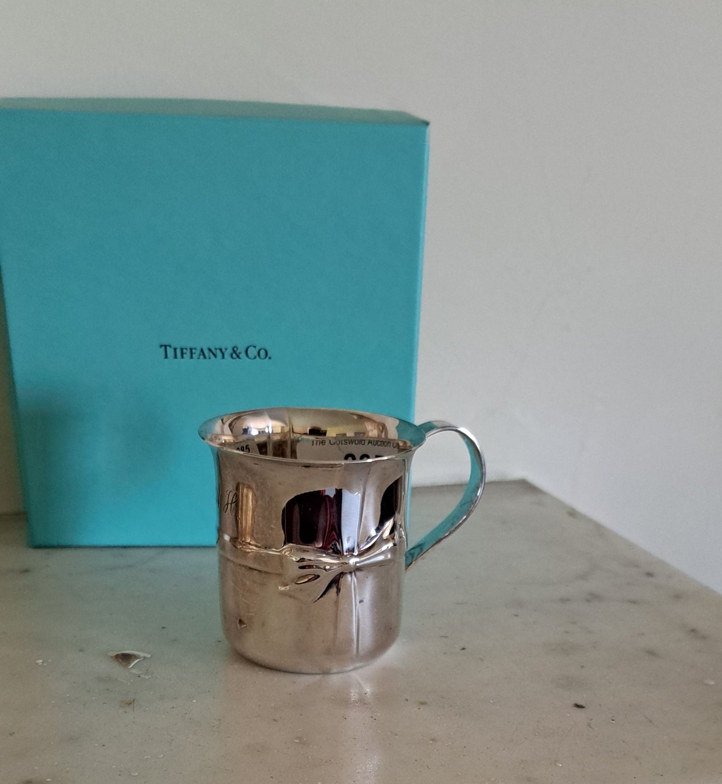 Tiffany & Co silver mug childs christening mug gift tied ribbon decoration