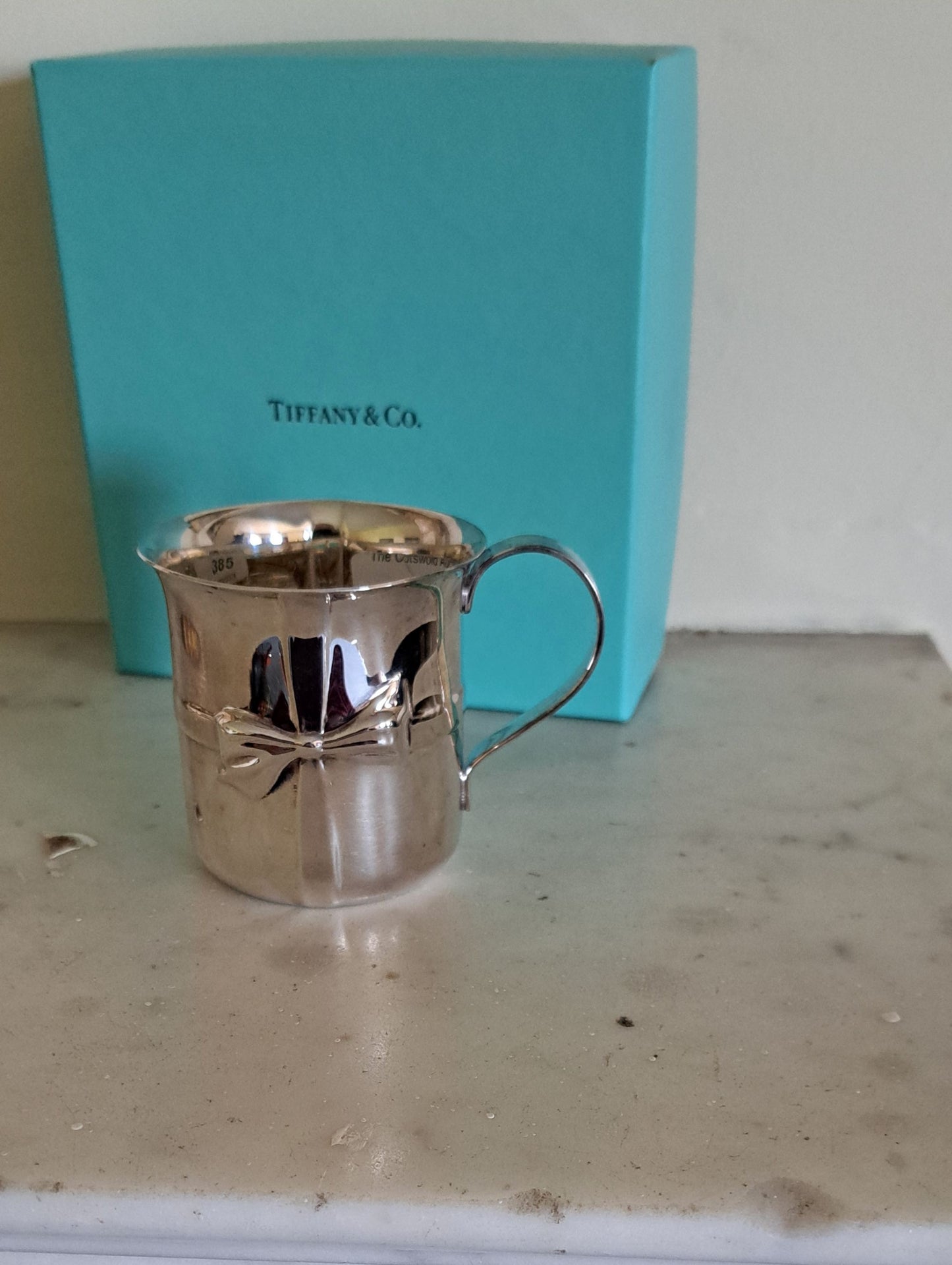 Tiffany & Co silver mug childs christening mug gift tied ribbon decoration