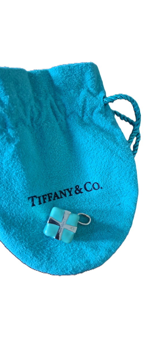 Tiffany & Co silver and turquoise blue enamel wrapped gift charm