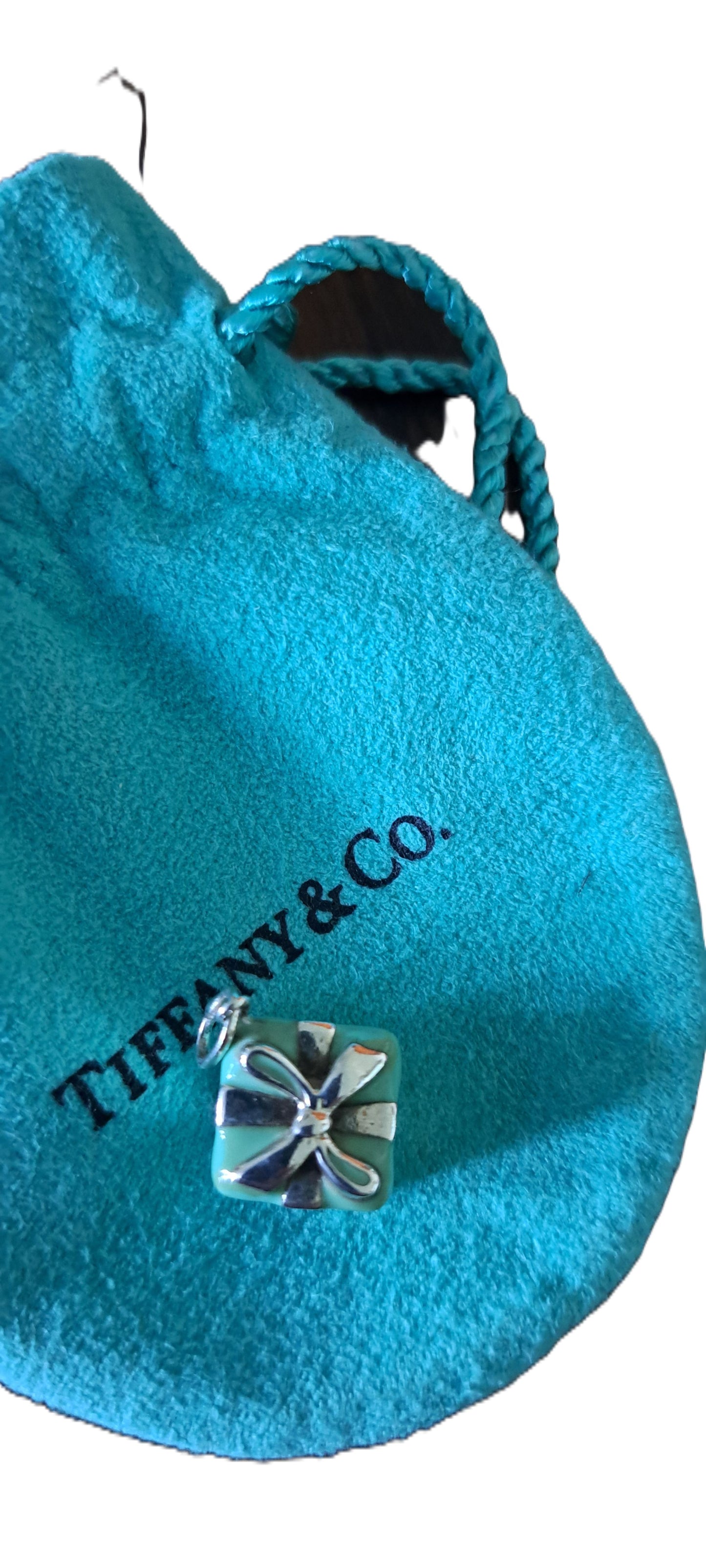 Tiffany & Co silver and turquoise blue enamel wrapped gift charm