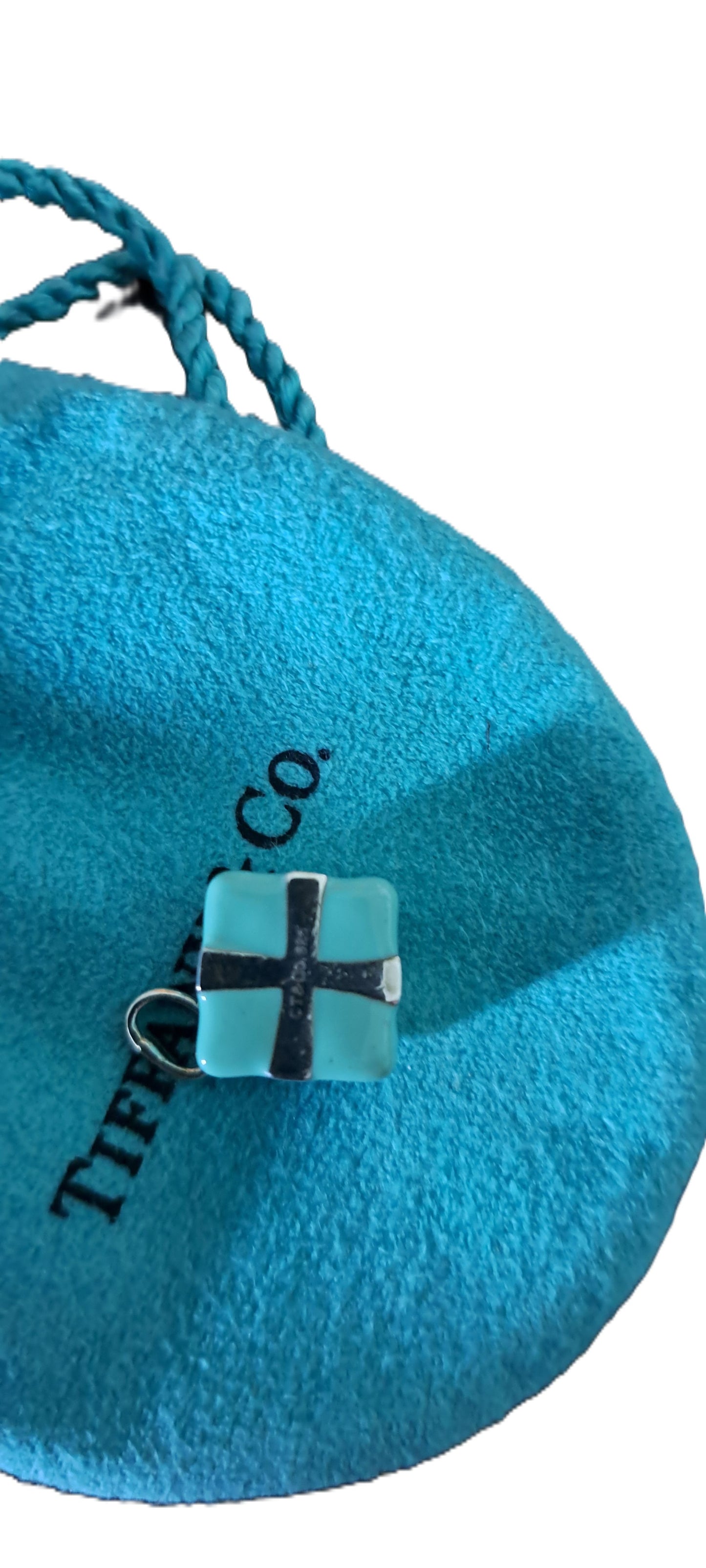 Tiffany & Co silver and turquoise blue enamel wrapped gift charm