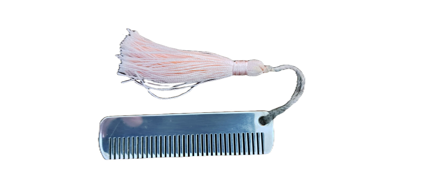 Tiffany silver baby comb with pink silk tassel