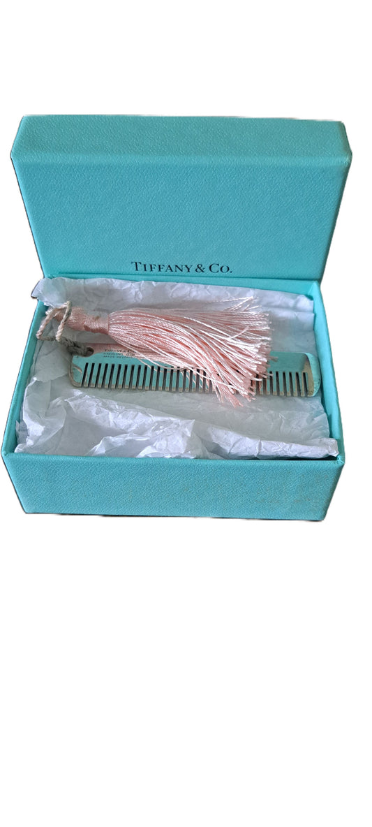 Tiffany silver baby comb with pink silk tassel