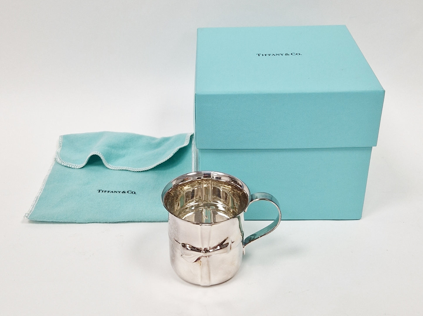 Tiffany & Co silver mug childs christening mug gift tied ribbon decoration