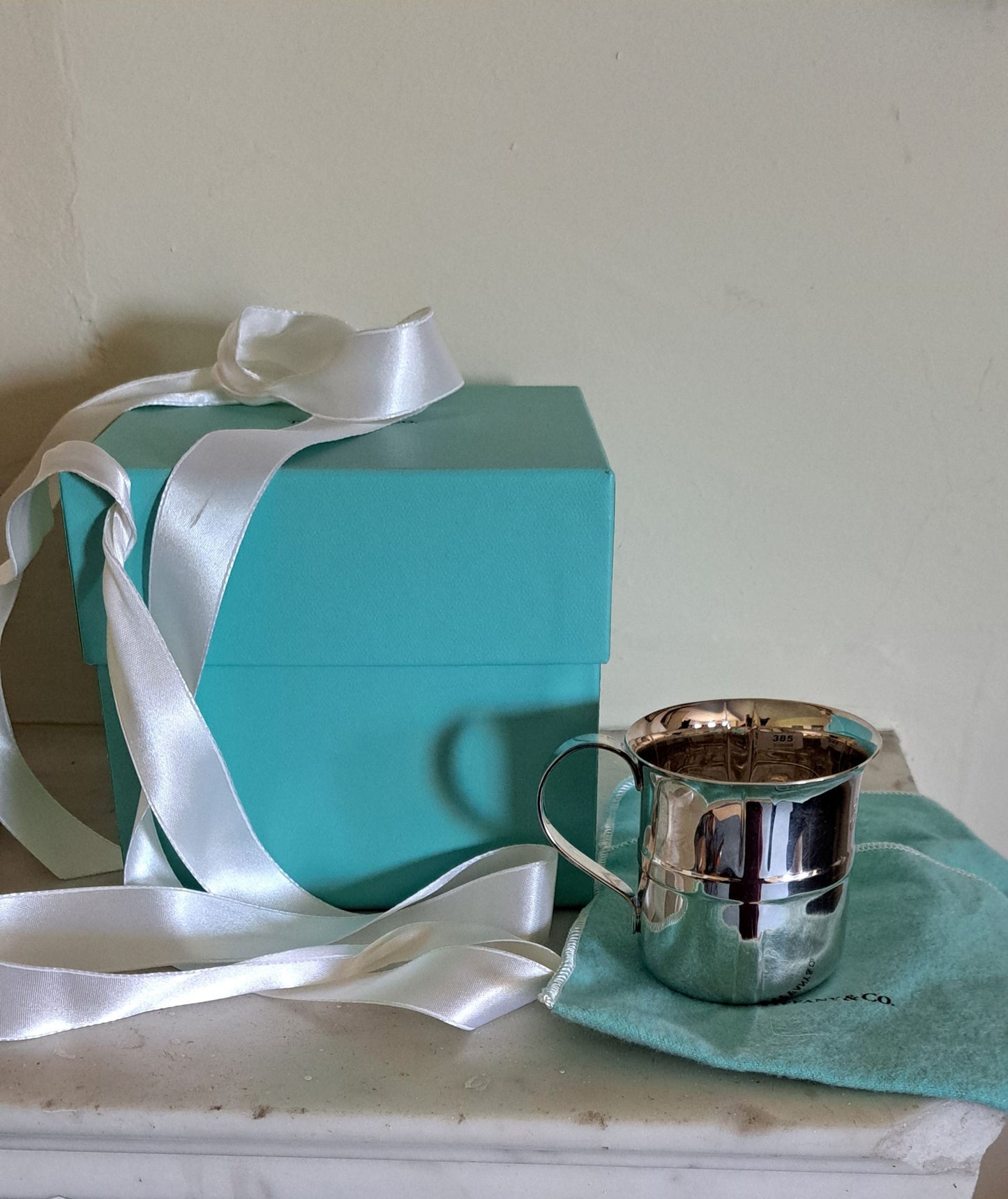 Tiffany & Co silver mug childs christening mug gift tied ribbon decoration