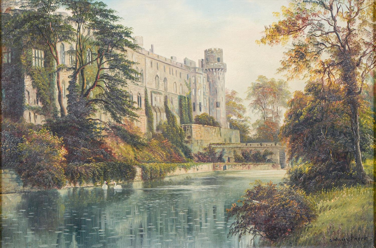 Warwick castle and river avon, oil by George Willis Pryce