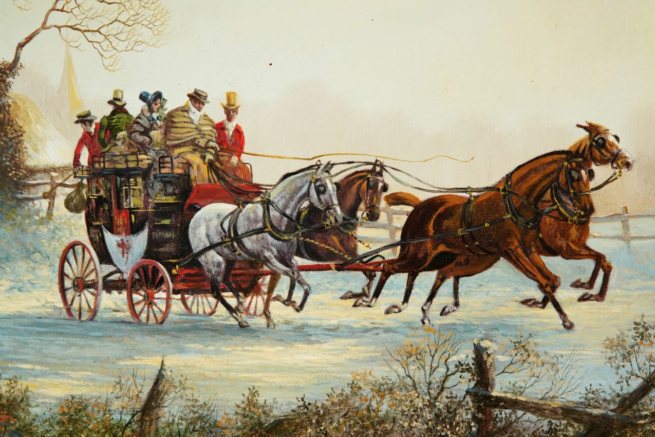 Horses and stagecoach , winter/snow scene, oil painting ,by John Richard Worsdale