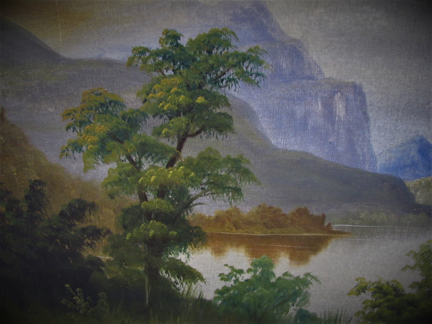 19th century oil mountain/lake scene manner de breanski